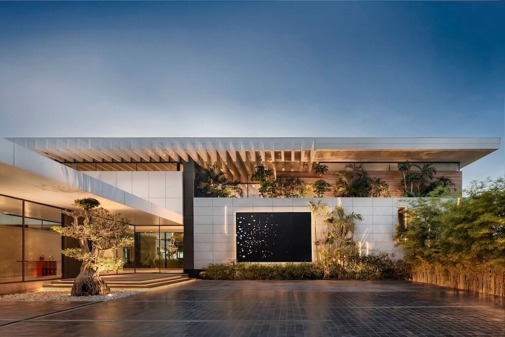 Modern living room with city skyline view